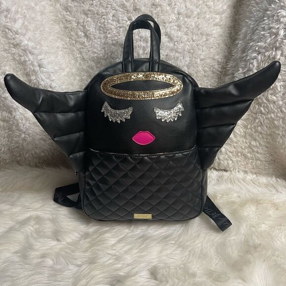 Luv Betsey Johnson  synthetic black small Backpack Angel Wings gold glitter Halo
